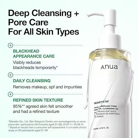 Anua Heartleaf Pore Control Cleansing Oil, Pore Cleanser, Sebum Care, Gentle Melting Oil Cleanser for Face, Safe For All Skin Type, Daily Hydrating Makeup Remover, Korean Skin Care