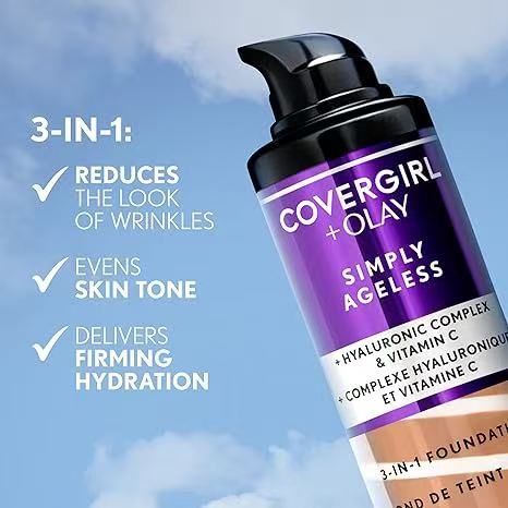 COVERGIRL & Olay Simply Ageless 3-in-1 Liquid Foundation, Matte Finish, Hyaluronic & Vitamin C Formula, 220 Creamy Natural, 1 Count